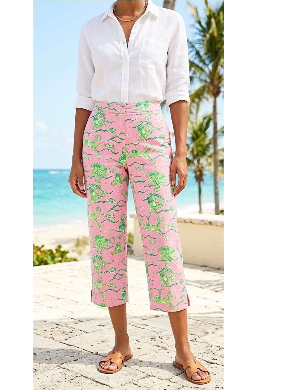 Vintage Y2K Lilly Pulitzer Pink Green Monkey Fish Print Capri Pants 4